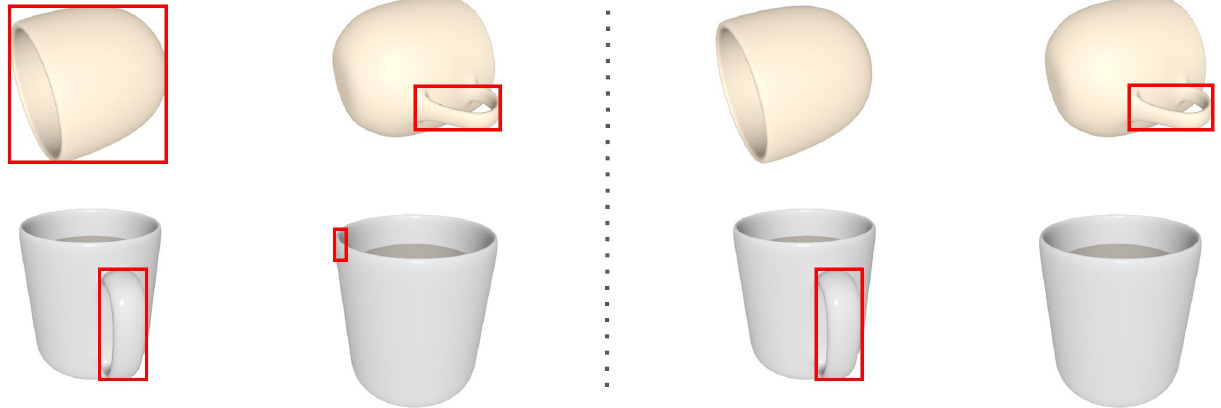 Per-view prompting boxes any handle-like shape in each image; prompting on the joint input resolves the true handle.