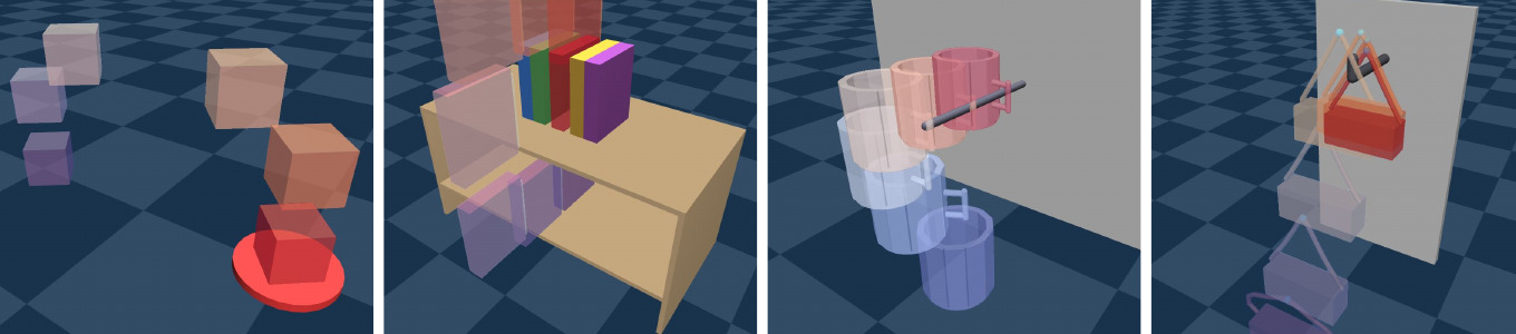 Demonstration sequences for the four control tasks, with object motion rendered blue to red.