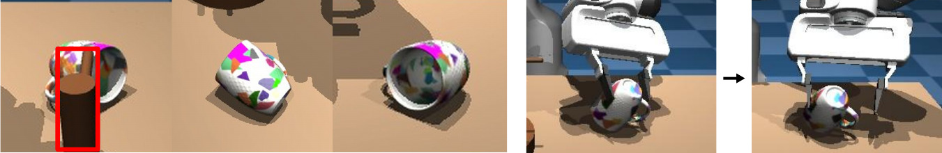 Left: the hidden handle makes the detector ground the rack as the handle. Right: a feasible initial grasp ends in a mug-floor collision.